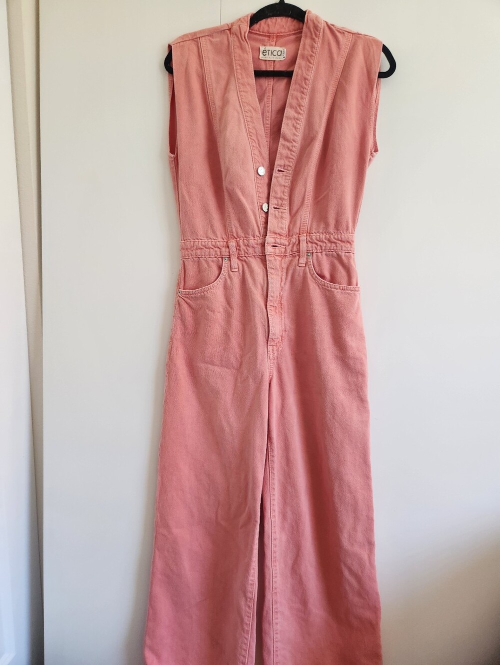 Etica Pink Denim Jumpsuit Sleeveless Wide Leg Tencel Cotton Size S